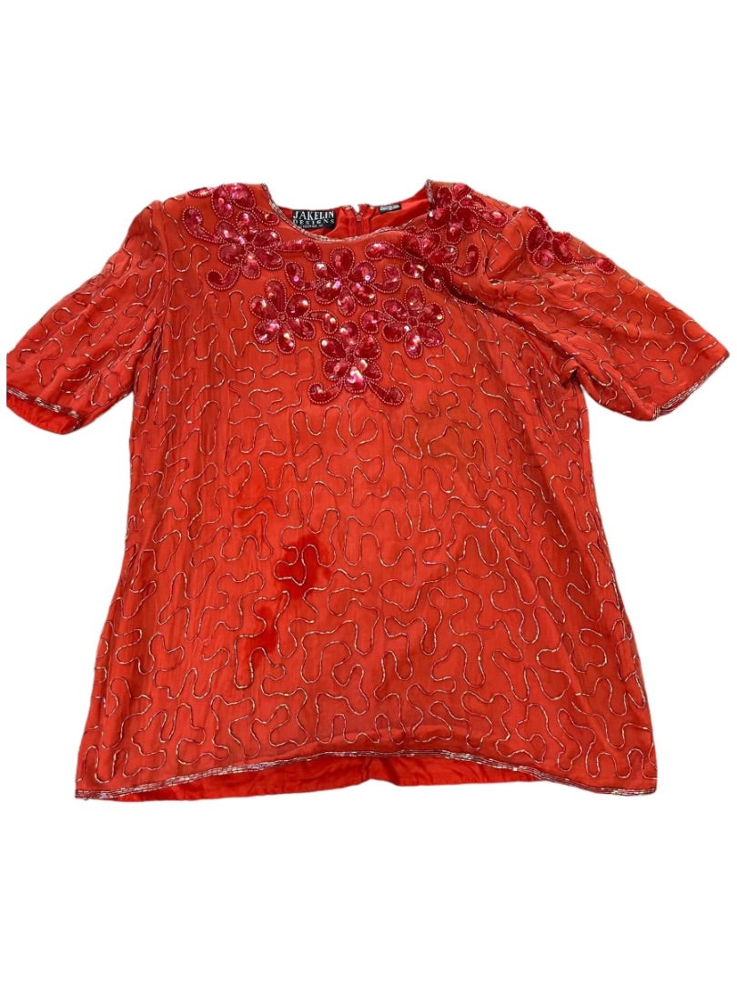 Jakelin Designs By Meher Intl Inc Vintage Silk Beaded Floral Oreng/Pink Top - X1 -