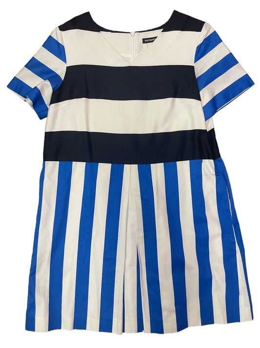 Marimekko White/Blue/Navy Blue V-Neck Striped Mid Dress