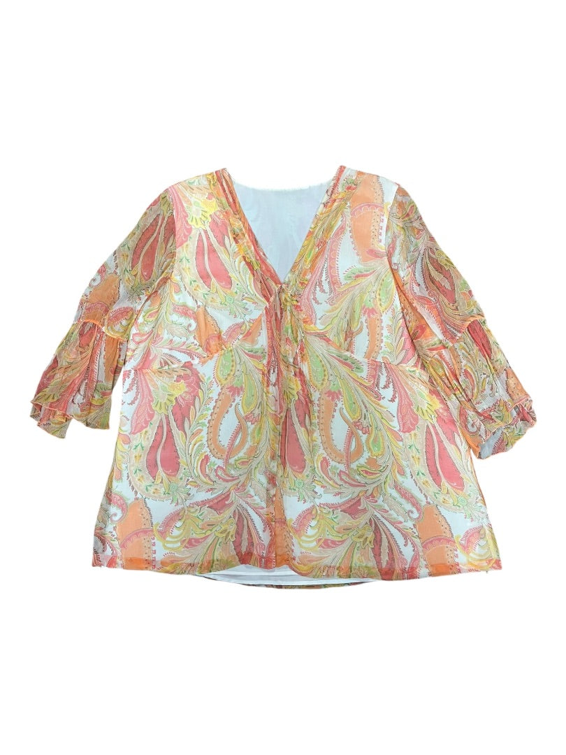 No Brand Orange Yellow Floral Ruffeld Slleve Top - Approx L -