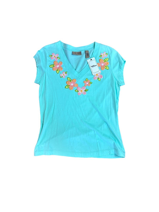 Mint Green with Flowers V-Neck Shirt - M/L no tag - B